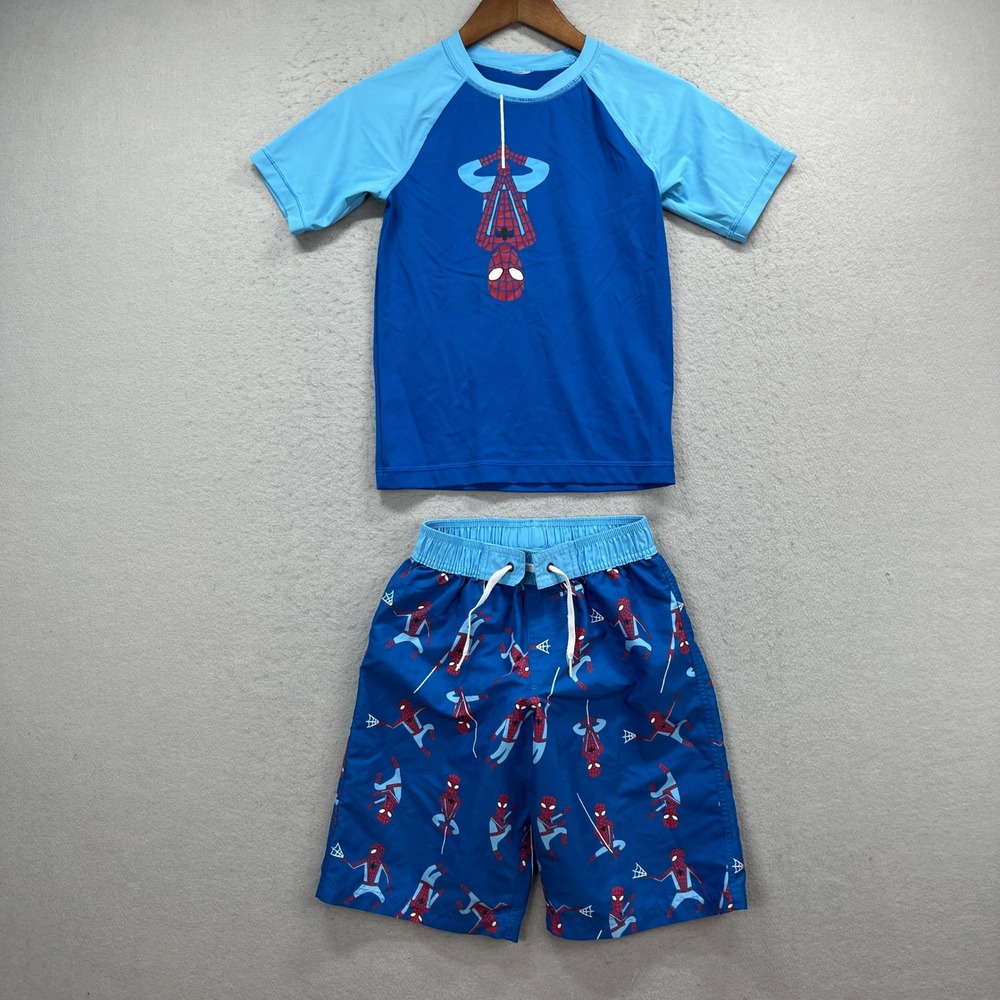 Marvel Hanna Andersson Swim Set Boys 10 Blue Spiderman Rash Guard Beach Trunks